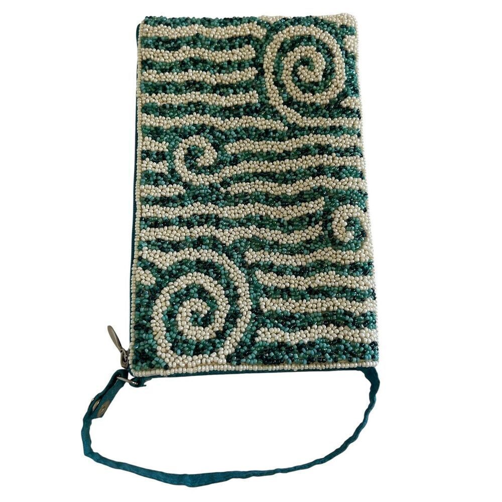 Bamboo Trading Company Beaded Wristlet Womens Teal White Swirl Purse Bag Clutch